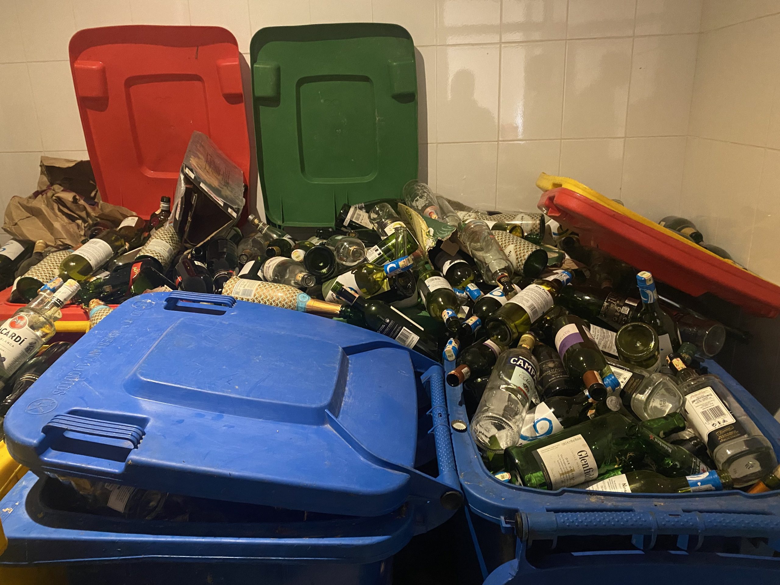 Sorted recyclables in collection bins